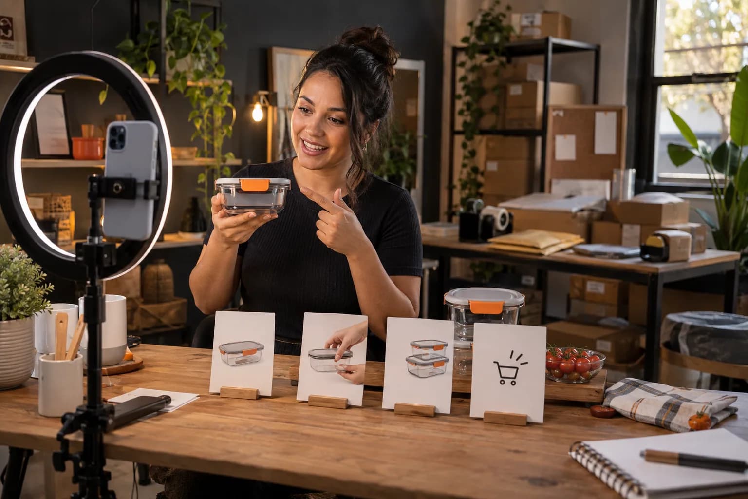 Criadora gravando diferentes partes de uma demonstração de produto